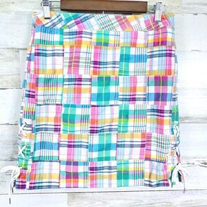 Talbots Madras Plaid Patchwork Mini Skirt Colorful Cotton Lined Side Lace Up 4P